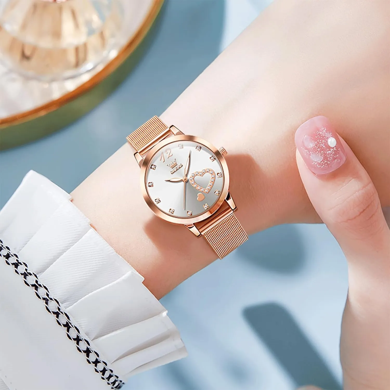 OLEVS Women's Small Wrist Rose Gold Tone Watch - Cute Diamond Heart Arabic Numerals Dial, Fashion Waterproof Mesh Bracelet Analog Dress for Ladies