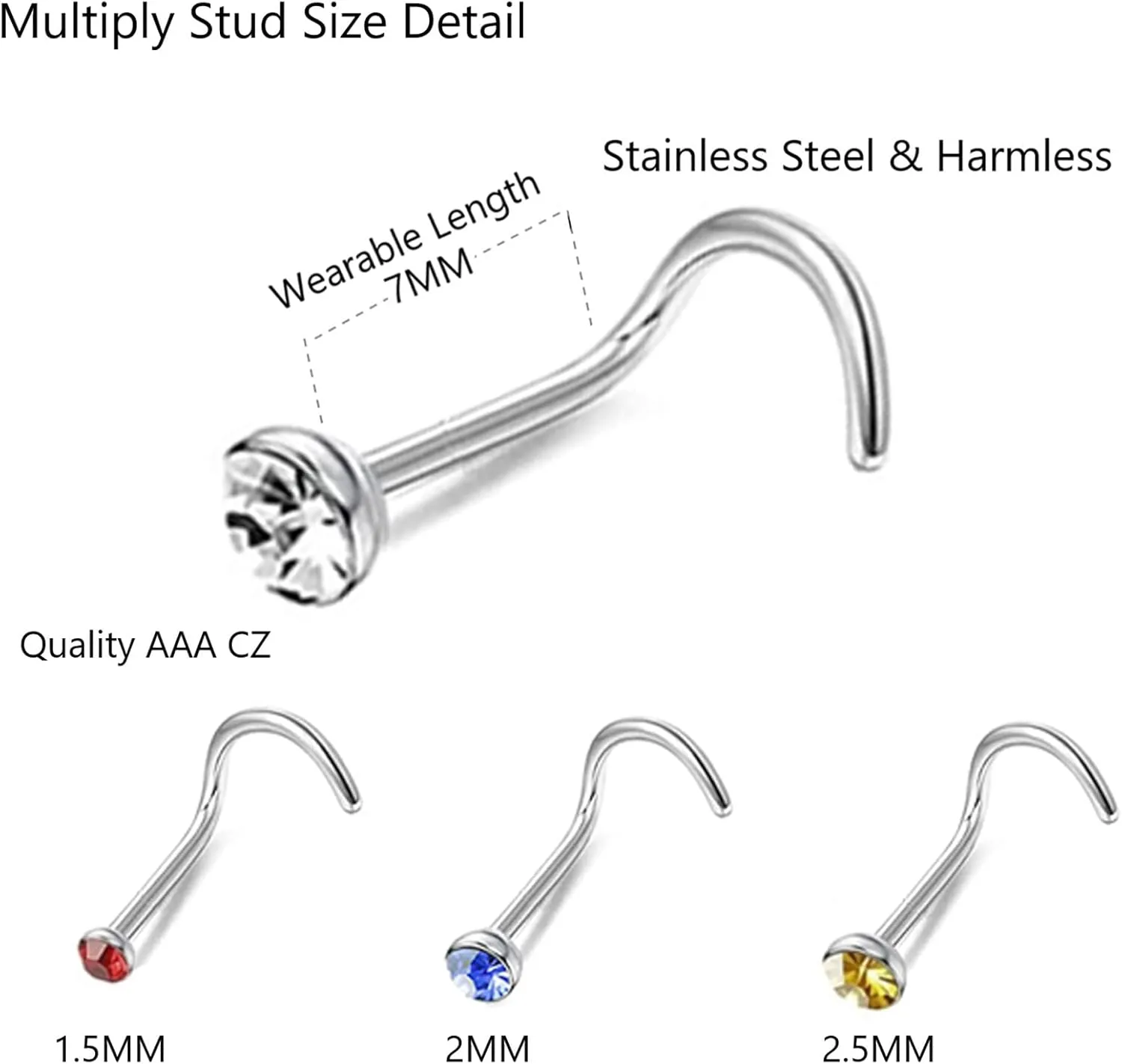 OMAIGAR Nose Rings Studs, 60pcs Straight or L-Shaped or Screw Nose Studs for Women Men, Surgical Stainless Steel Hypoallergenic Nose Piercing Jewelry 1.5/2/2.5mm Size Rhinestone and Ideal Gift