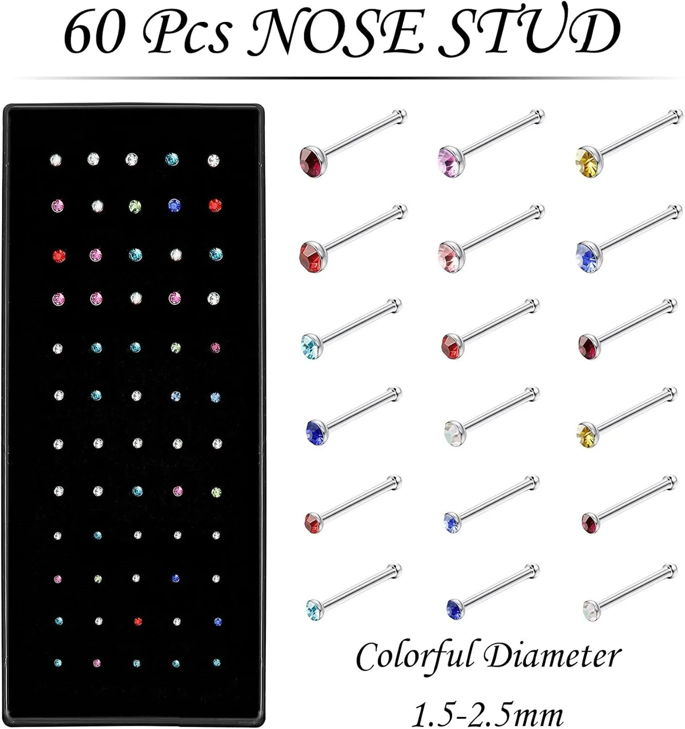 OMAIGAR Nose Rings Studs, 60pcs Straight or L-Shaped or Screw Nose Studs for Women Men, Surgical Stainless Steel Hypoallergenic Nose Piercing Jewelry 1.5/2/2.5mm Size Rhinestone and Ideal Gift