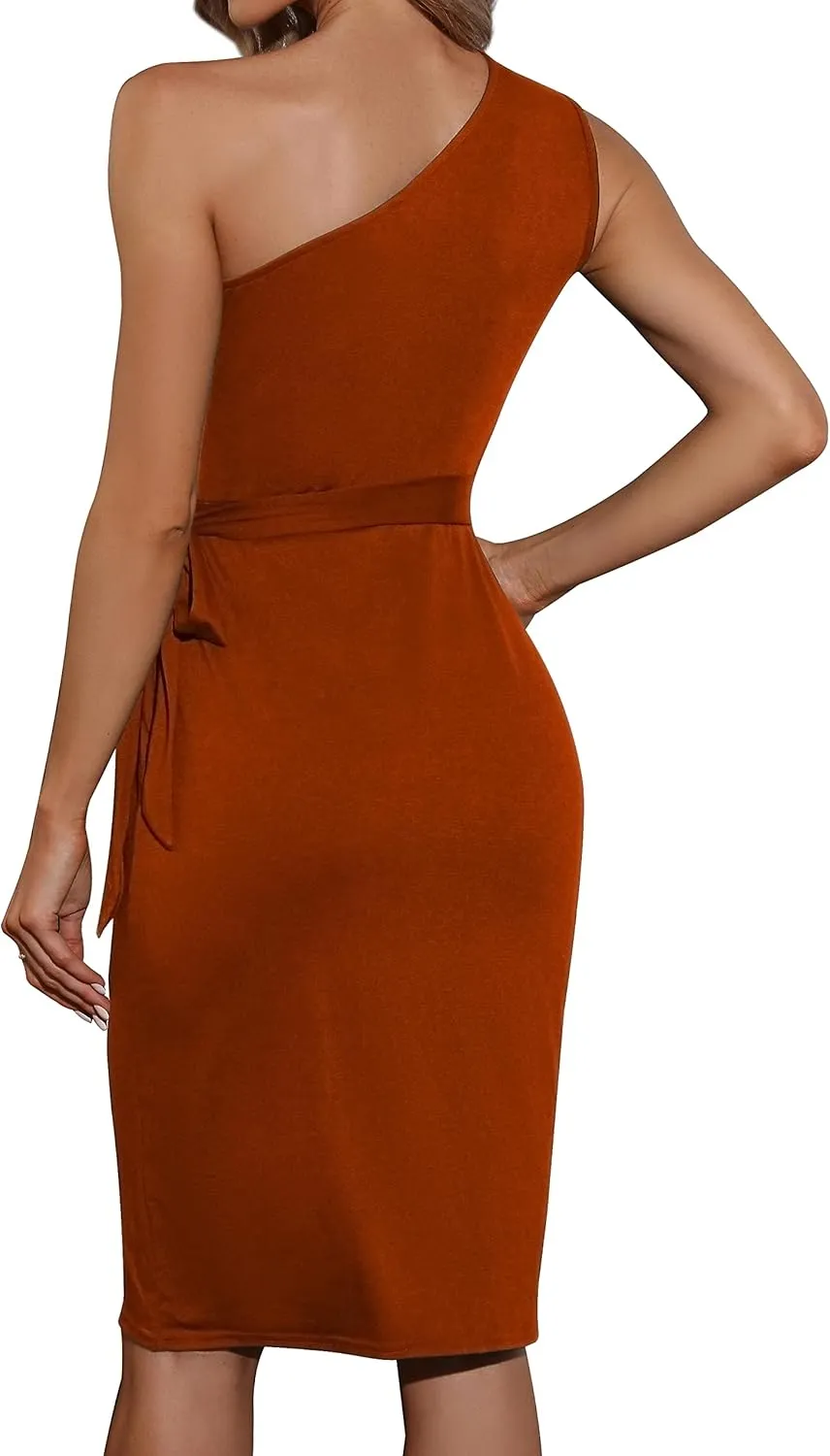 One Shoulder Party Dress for Women Faux Wrap Ruched Sheath Cocktail Wedding Guest Dresses