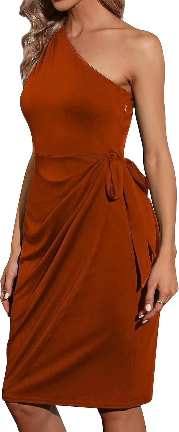 One Shoulder Party Dress for Women Faux Wrap Ruched Sheath Cocktail Wedding Guest Dresses