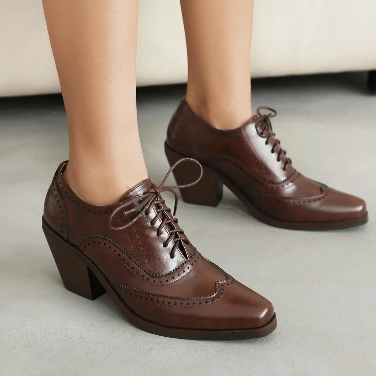 Oxford Heels for Women Snip Toe Chunky Block Heel Wingtip Brogue High Heel Saddle Shoes