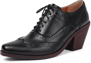 Oxford Heels for Women Snip Toe Chunky Block Heel Wingtip Brogue High Heel Saddle Shoes