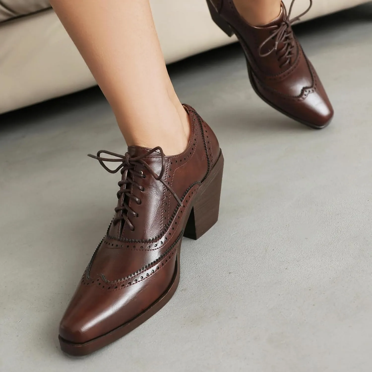 Oxford Heels for Women Snip Toe Chunky Block Heel Wingtip Brogue High Heel Saddle Shoes