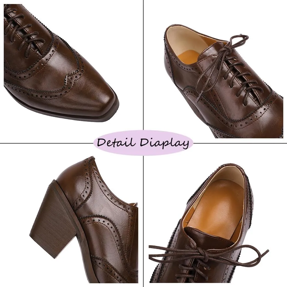 Oxford Heels for Women Snip Toe Chunky Block Heel Wingtip Brogue High Heel Saddle Shoes