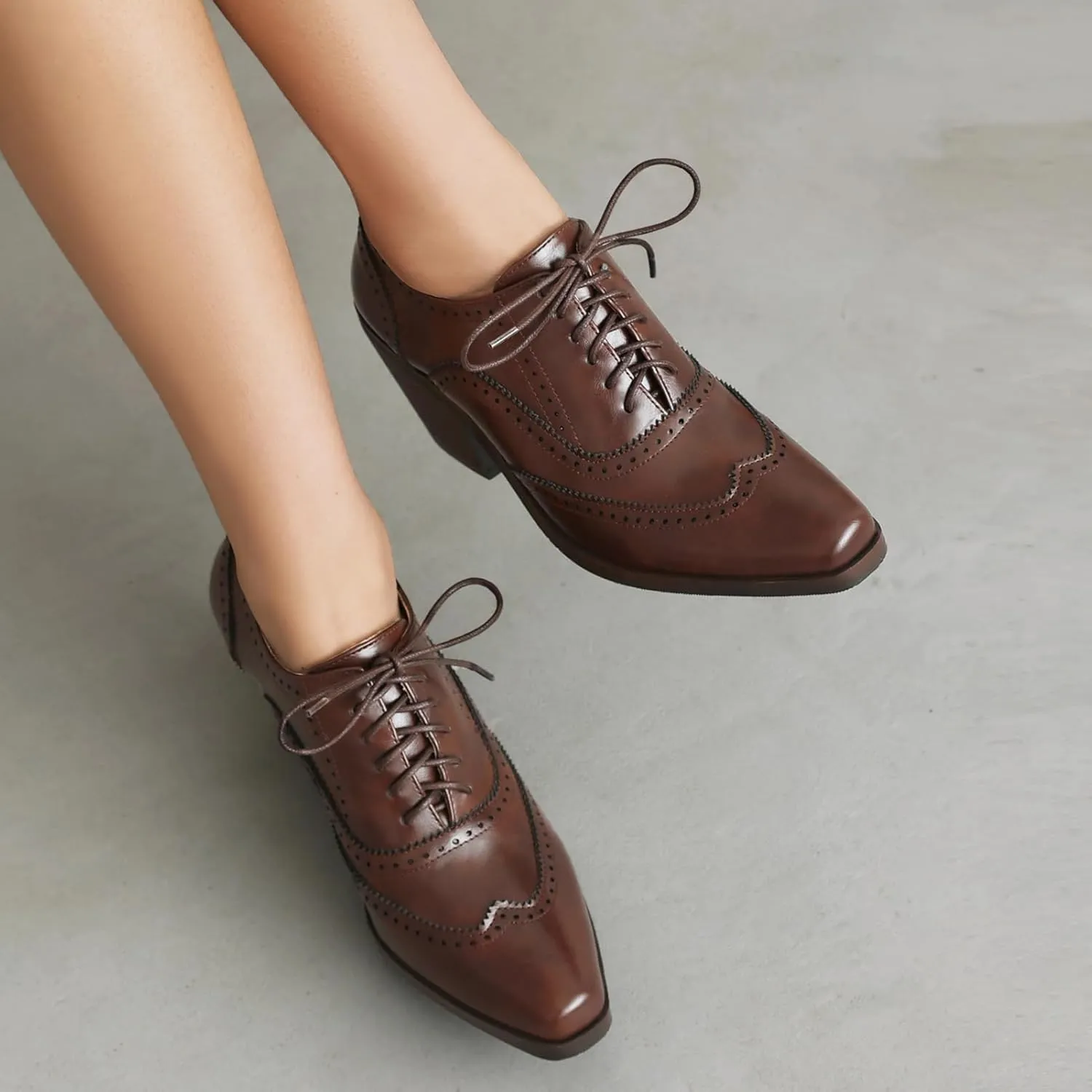 Oxford Heels for Women Snip Toe Chunky Block Heel Wingtip Brogue High Heel Saddle Shoes