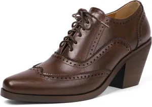 Oxford Heels for Women Snip Toe Chunky Block Heel Wingtip Brogue High Heel Saddle Shoes