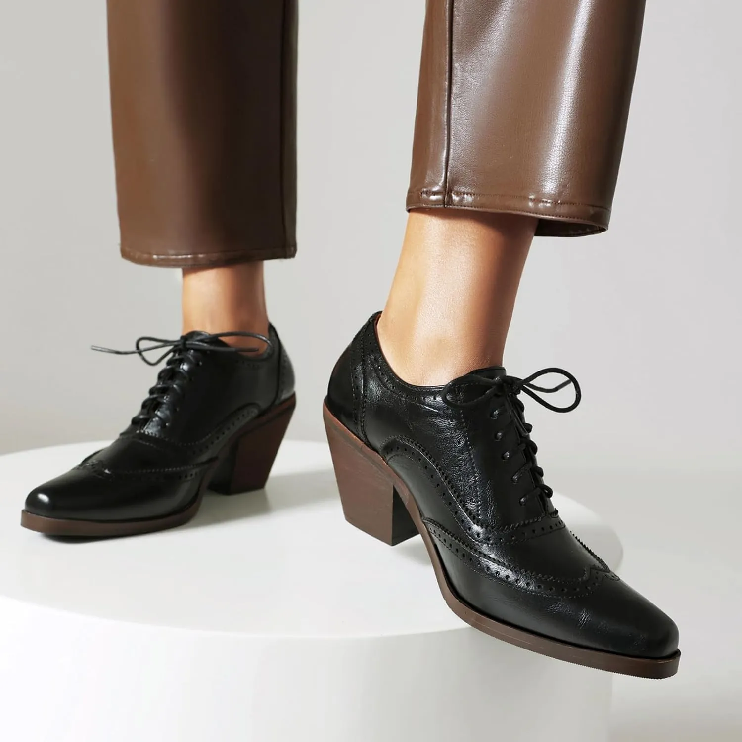 Oxford Heels for Women Snip Toe Chunky Block Heel Wingtip Brogue High Heel Saddle Shoes