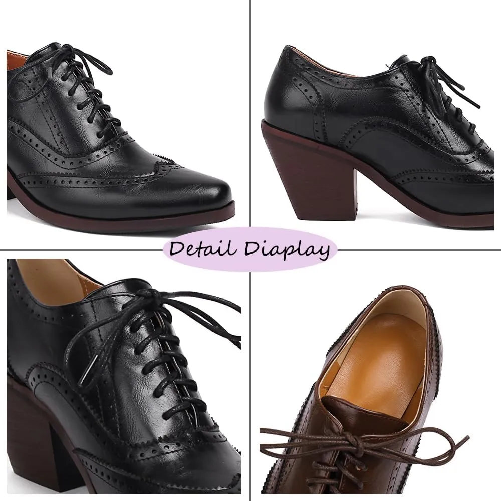 Oxford Heels for Women Snip Toe Chunky Block Heel Wingtip Brogue High Heel Saddle Shoes