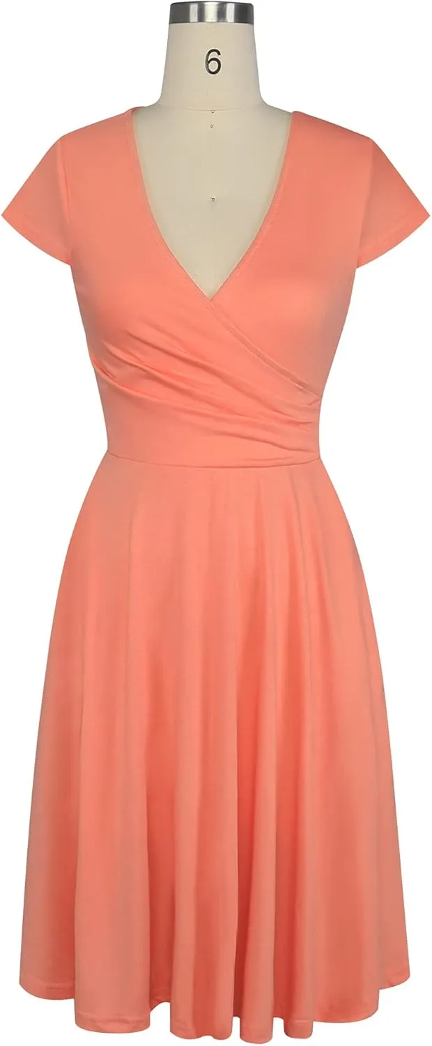 oxiuly Women's Vintage Dot V-Neck Cap Sleeve Casual Pockets Swing Tea Dress OX296