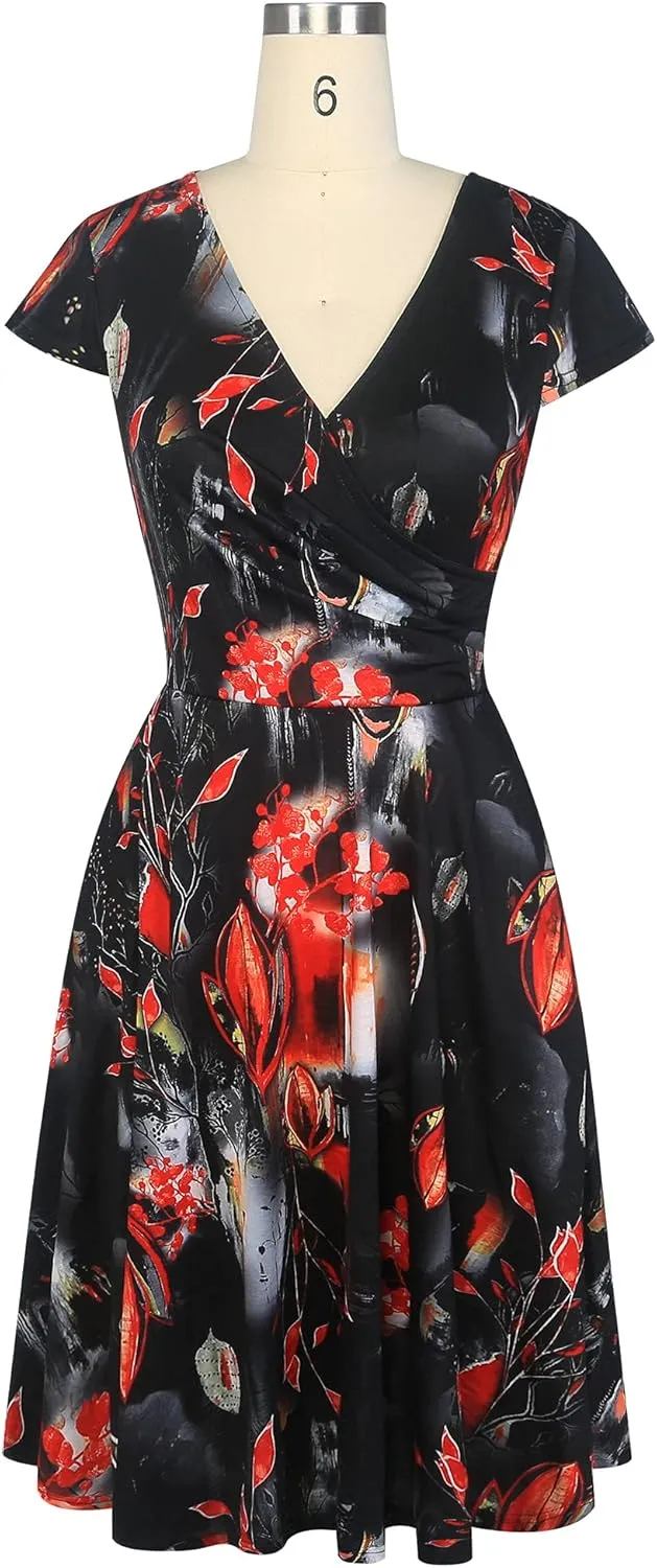 oxiuly Women's Vintage Dot V-Neck Cap Sleeve Casual Pockets Swing Tea Dress OX296