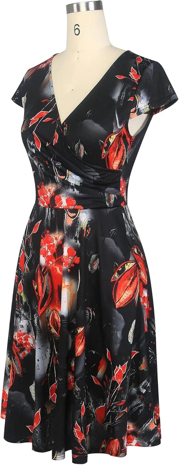 oxiuly Women's Vintage Dot V-Neck Cap Sleeve Casual Pockets Swing Tea Dress OX296