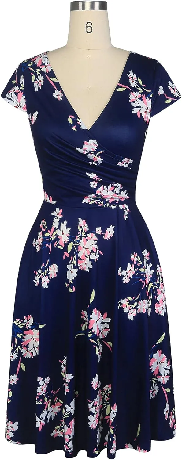 oxiuly Women's Vintage Dot V-Neck Cap Sleeve Casual Pockets Swing Tea Dress OX296