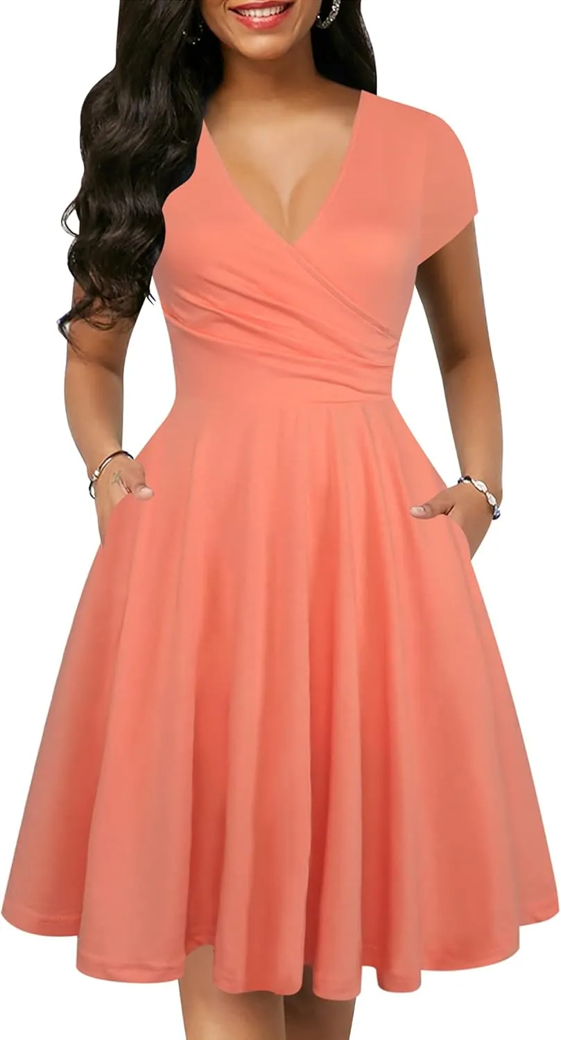 oxiuly Women's Vintage Dot V-Neck Cap Sleeve Casual Pockets Swing Tea Dress OX296