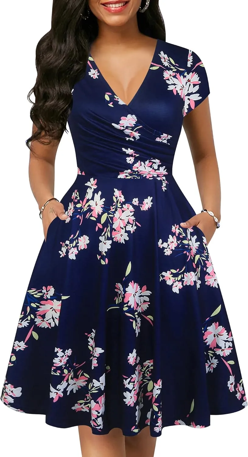 oxiuly Women's Vintage Dot V-Neck Cap Sleeve Casual Pockets Swing Tea Dress OX296