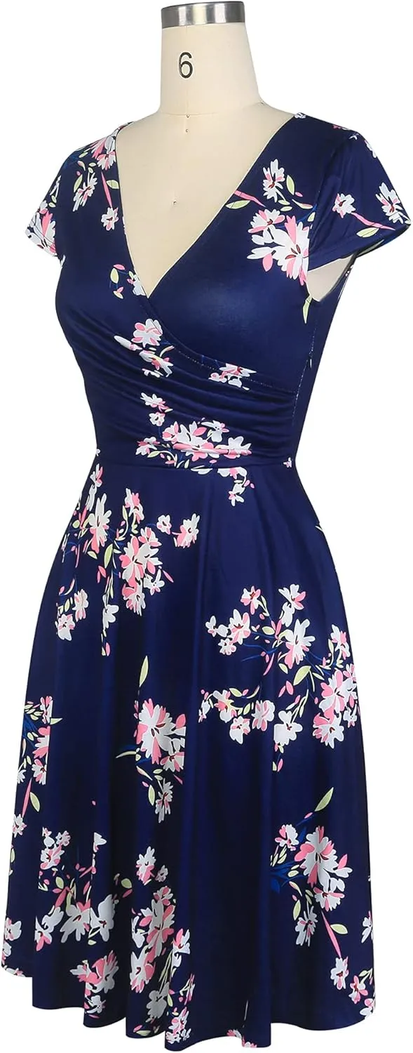 oxiuly Women's Vintage Dot V-Neck Cap Sleeve Casual Pockets Swing Tea Dress OX296