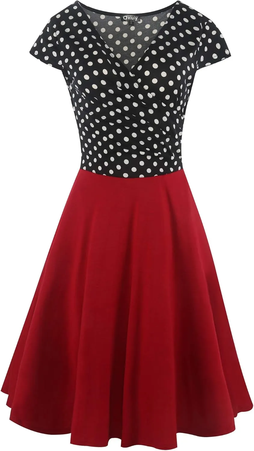 oxiuly Women's Vintage Dot V-Neck Cap Sleeve Casual Pockets Swing Tea Dress OX296