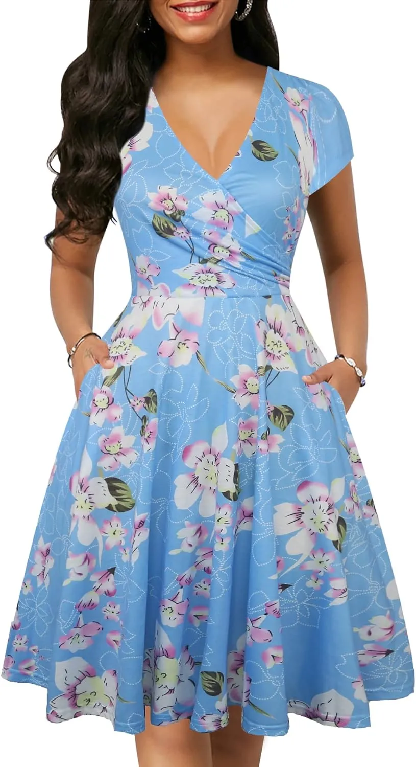 oxiuly Women's Vintage Dot V-Neck Cap Sleeve Casual Pockets Swing Tea Dress OX296