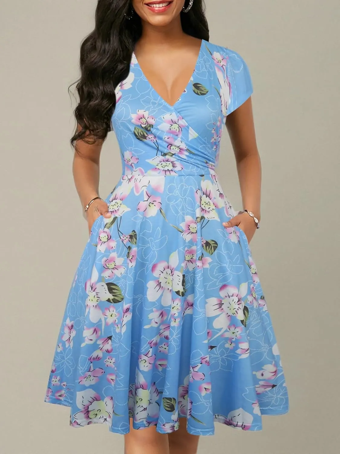 oxiuly Women's Vintage Dot V-Neck Cap Sleeve Casual Pockets Swing Tea Dress OX296
