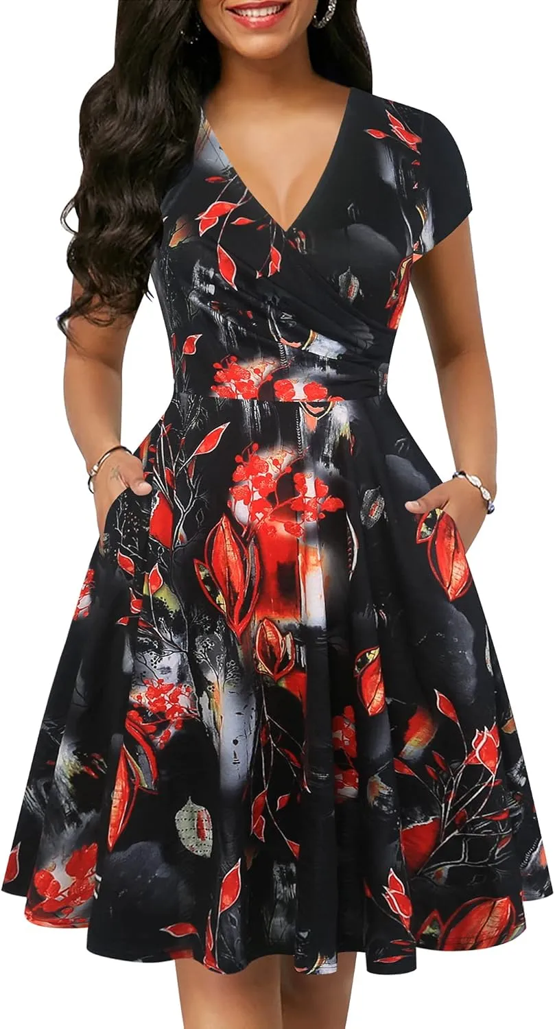 oxiuly Women's Vintage Dot V-Neck Cap Sleeve Casual Pockets Swing Tea Dress OX296
