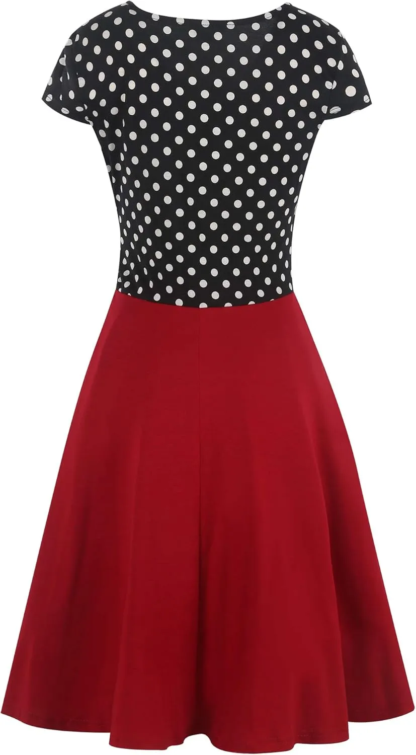 oxiuly Women's Vintage Dot V-Neck Cap Sleeve Casual Pockets Swing Tea Dress OX296
