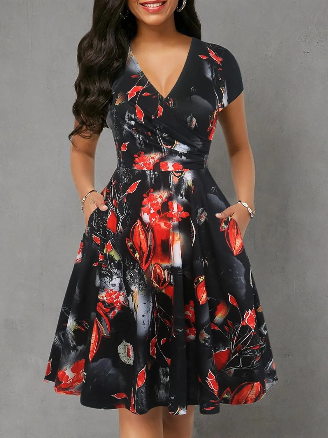 oxiuly Women's Vintage Dot V-Neck Cap Sleeve Casual Pockets Swing Tea Dress OX296