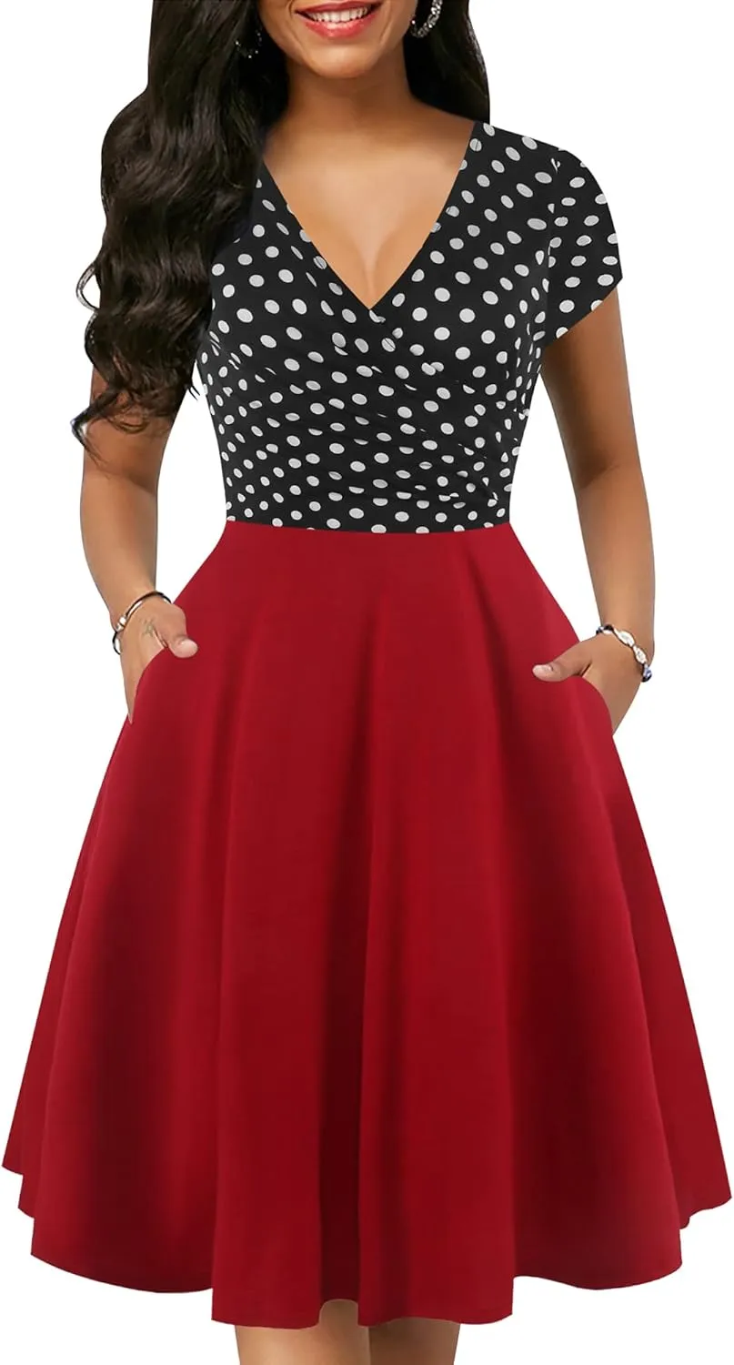 oxiuly Women's Vintage Dot V-Neck Cap Sleeve Casual Pockets Swing Tea Dress OX296