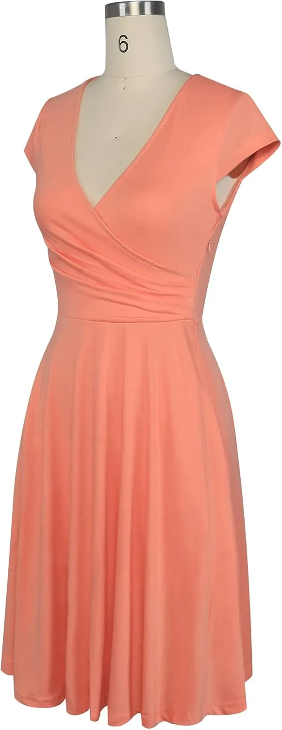 oxiuly Women's Vintage Dot V-Neck Cap Sleeve Casual Pockets Swing Tea Dress OX296