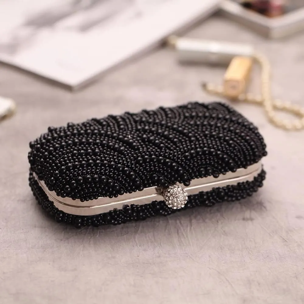 Pearl Evening Bag Handbag for Women, Clutch Bag Handbag for Party, Wedding, Black Shoulder Bag (Color : Black)