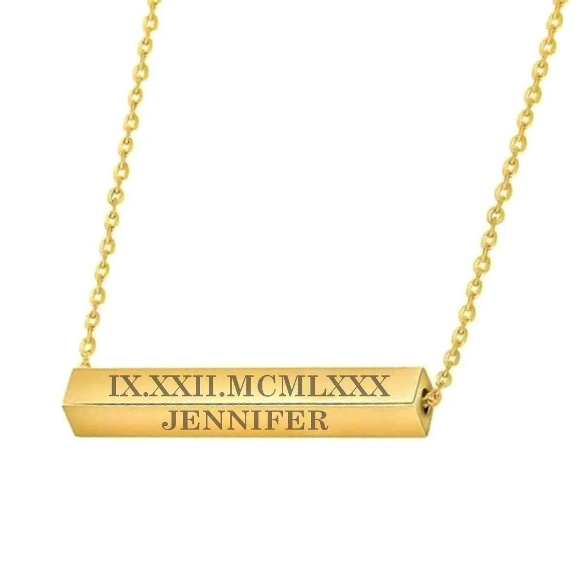 Personalized 14K Solid Gold 4 Sided Bar Charm Necklace | Custom Engraved Name, Date, or Coordinates | Elegant Horizontal Memorial Jewelry Gift for Her