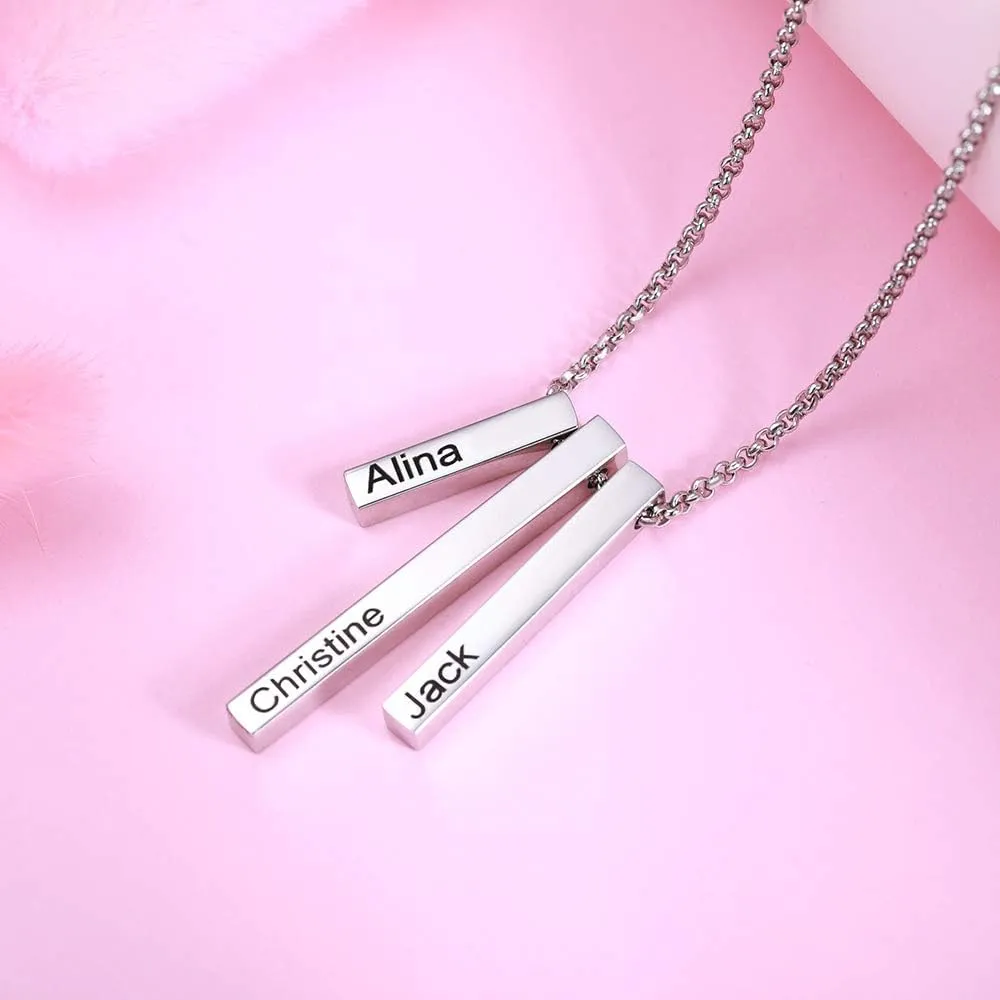 Personalized 3D Vertical Triple Bar Pendant Necklace - Engraved Custom Name Jewelry Gift for Mom Loved Ones