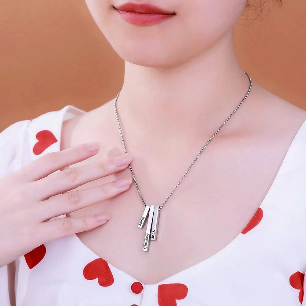 Personalized 3D Vertical Triple Bar Pendant Necklace - Engraved Custom Name Jewelry Gift for Mom Loved Ones