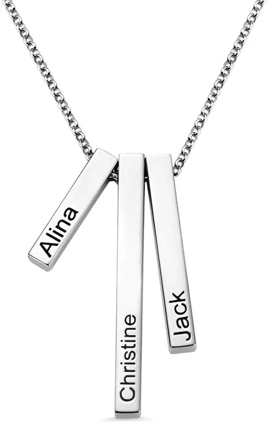 Personalized 3D Vertical Triple Bar Pendant Necklace - Engraved Custom Name Jewelry Gift for Mom Loved Ones