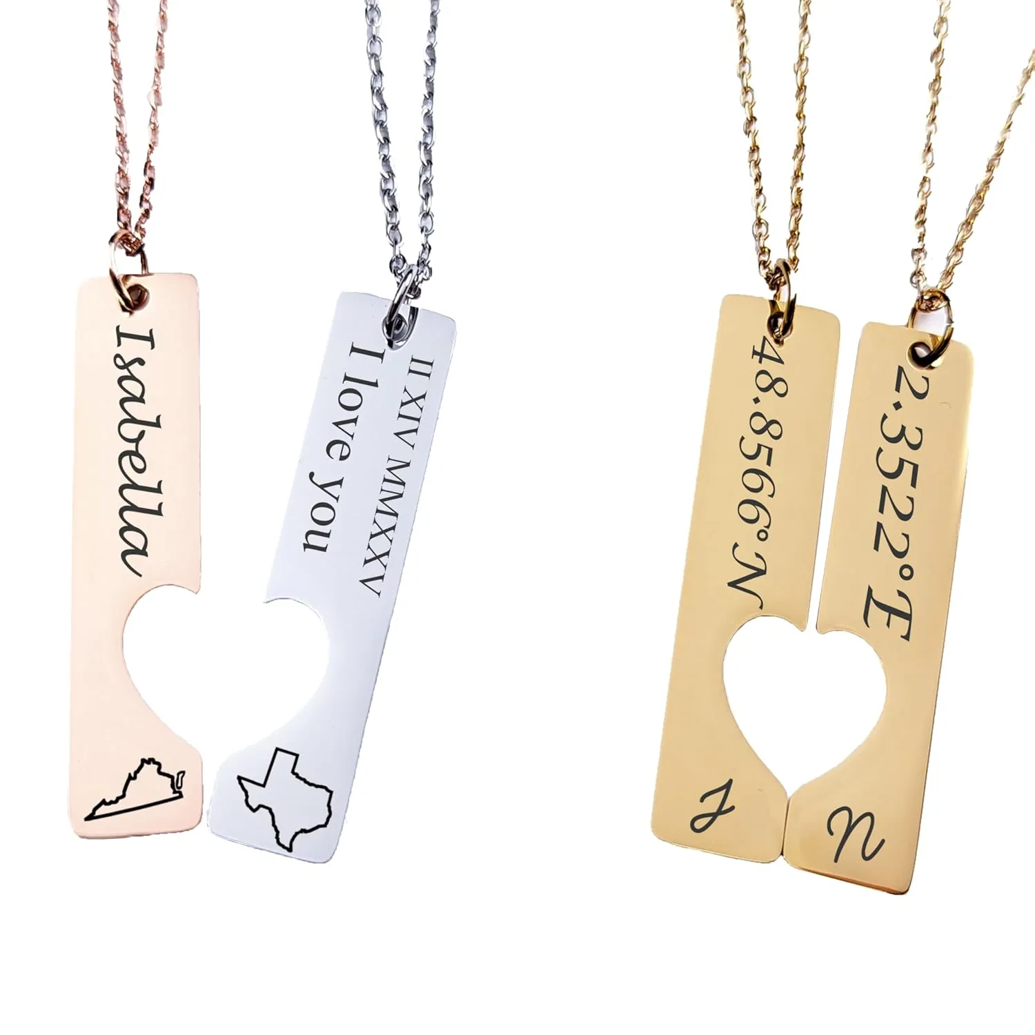 Personalized Matching Couples Necklace With Heart Monogram States Country Customizable Bespoke Jewelry Perfect Gift For Birthday Anniversary Long Distance Relationship Bridesmaid Gift Idea