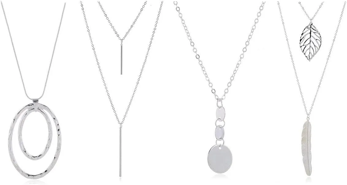 Pingyongchang Long Pendant Necklaces for Women Silver Bar Feather Circle Leaf Lock Tassel Y Necklace Statement Sweater Choker Jewelry Set for Girls
