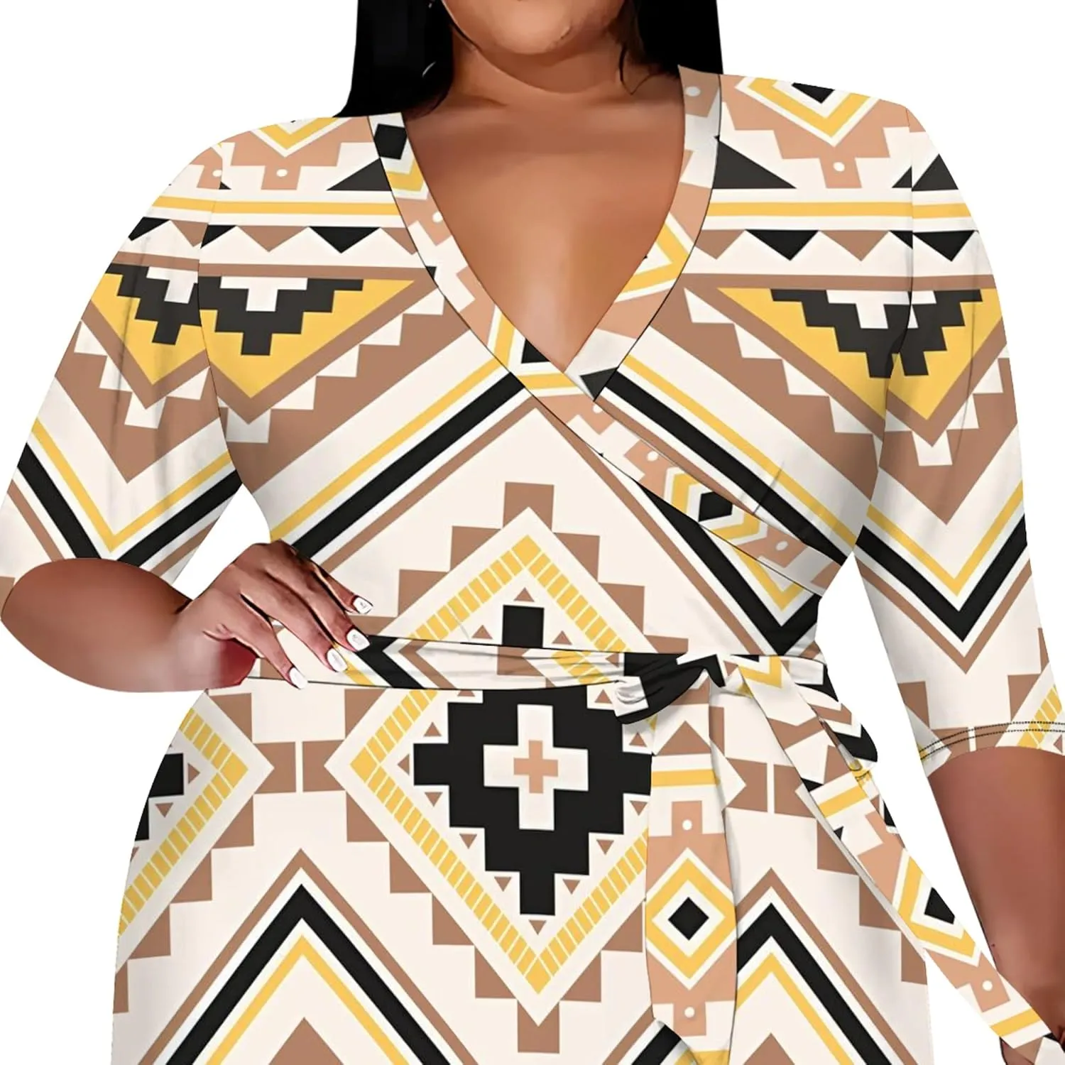 Plus Size Dress for Women - 3/4 Sleeve V Neck Boho Print Midi Dresses Sexy Wrap Cocktail Party Dress Empire Waist with Belt