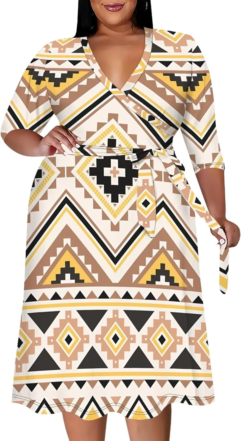 Plus Size Dress for Women - 3/4 Sleeve V Neck Boho Print Midi Dresses Sexy Wrap Cocktail Party Dress Empire Waist with Belt