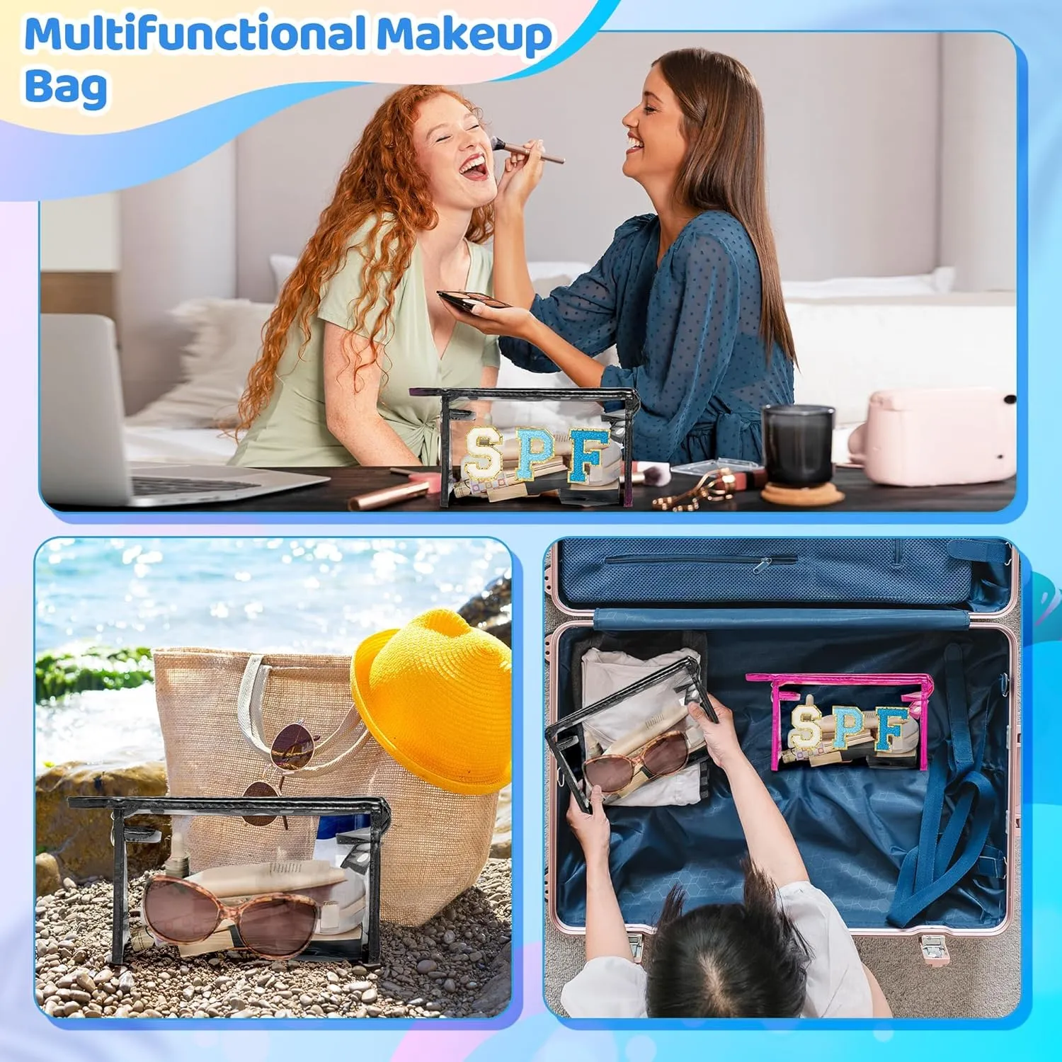 Preppy Patch Cosmetic Bags - 2Pcs Summer SPF Chenille Varsity Letter Large Clear Toiletry Bags Waterproof Portable Makeup Bag Transparent PVC Zipper Clutch Purse Travel for Women Girl (Black)