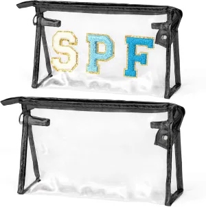 Preppy Patch Cosmetic Bags - 2Pcs Summer SPF Chenille Varsity Letter Large Clear Toiletry Bags Waterproof Portable Makeup Bag Transparent PVC Zipper Clutch Purse Travel for Women Girl (Black)
