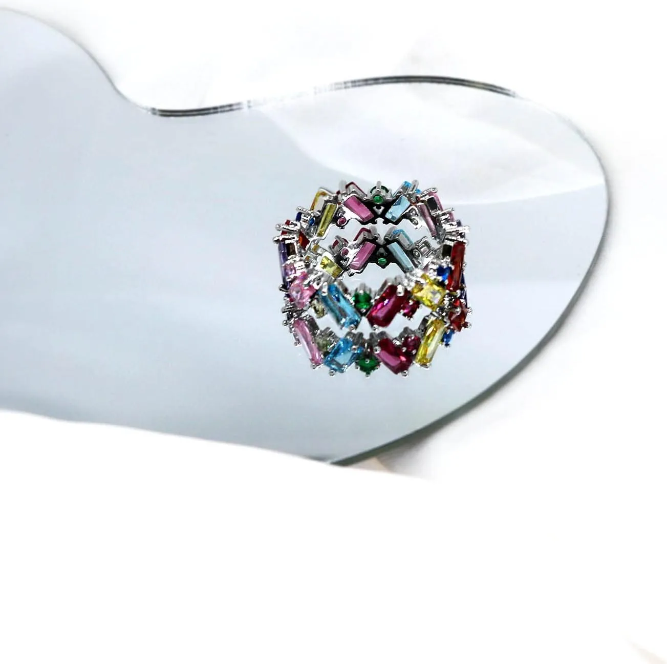 Rainbow Crystal Zircon Cocktail Band Rings Elegant Cubic Zirconium Engagement Wedding Statement Rings Uniquely Fashion Jewelry for Women Gift Gold Plated