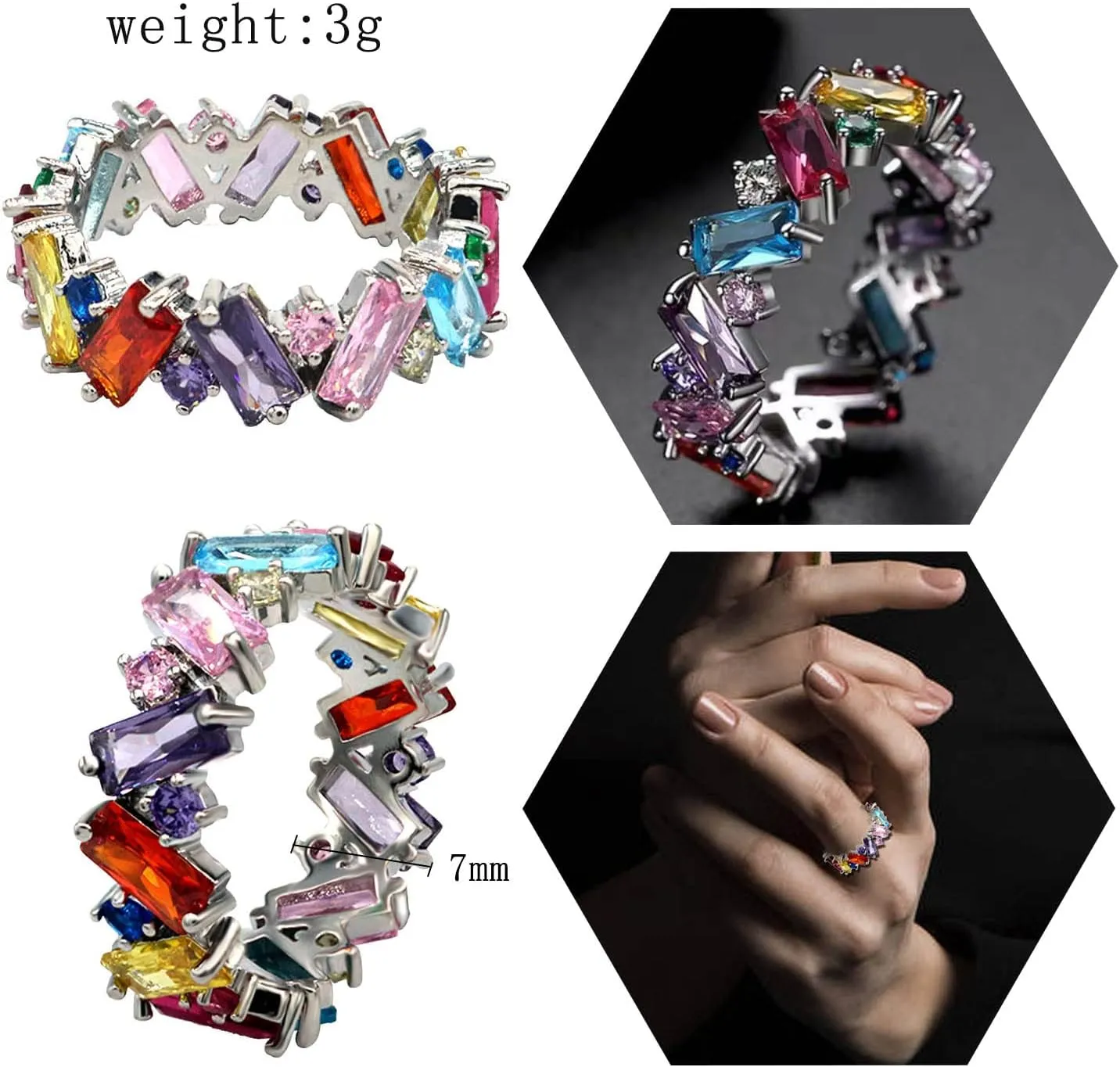 Rainbow Crystal Zircon Cocktail Band Rings Elegant Cubic Zirconium Engagement Wedding Statement Rings Uniquely Fashion Jewelry for Women Gift Gold Plated