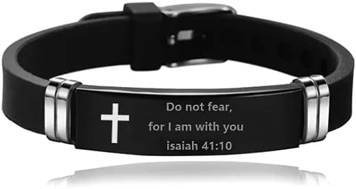 Religious Cross Silicone Sport Bracelet for Men Women Stainless Steel Christian Bible Wristband Bangle Adjustable Bracelet