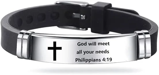 Religious Cross Silicone Sport Bracelet for Men Women Stainless Steel Christian Bible Wristband Bangle Adjustable Bracelet