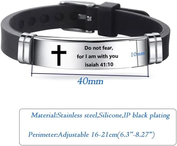 Religious Cross Silicone Sport Bracelet for Men Women Stainless Steel Christian Bible Wristband Bangle Adjustable Bracelet