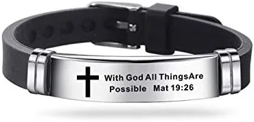 Religious Cross Silicone Sport for Men Women Stainless Steel Inspirational Scripture Quote Faith Christian Bible Verse Wristband Bangle Adjustable Bracelet