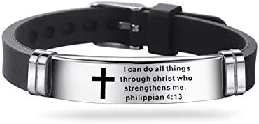 Religious Cross Silicone Sport for Men Women Stainless Steel Inspirational Scripture Quote Faith Christian Bible Verse Wristband Bangle Adjustable Bracelet
