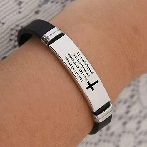 Religious Cross Silicone Sport for Men Women Stainless Steel Inspirational Scripture Quote Faith Christian Bible Verse Wristband Bangle Adjustable Bracelet