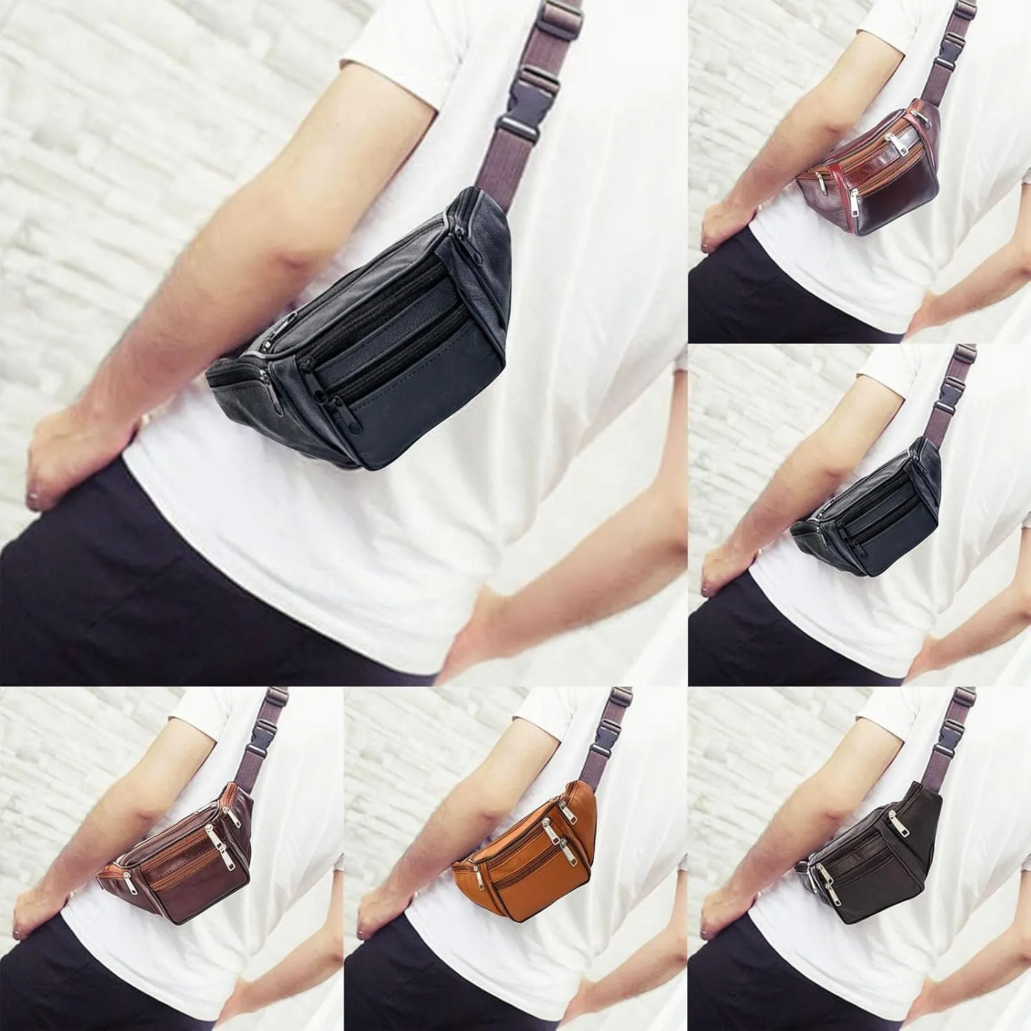 Retro Packs Black Leather Fanny Pack for Men & Women, Fashionable Multi-Pockets Waist Belt Bag for Travel Sports Hiking Cycling Fishing Running