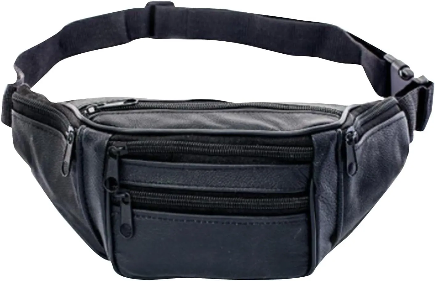 Retro Packs Black Leather Fanny Pack for Men & Women, Fashionable Multi-Pockets Waist Belt Bag for Travel Sports Hiking Cycling Fishing Running