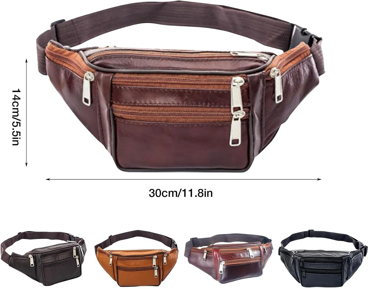 Retro Packs Black Leather Fanny Pack for Men & Women, Fashionable Multi-Pockets Waist Belt Bag for Travel Sports Hiking Cycling Fishing Running